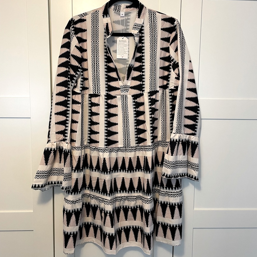 Boho Geometric Black and Cream Tiered Women's Dress